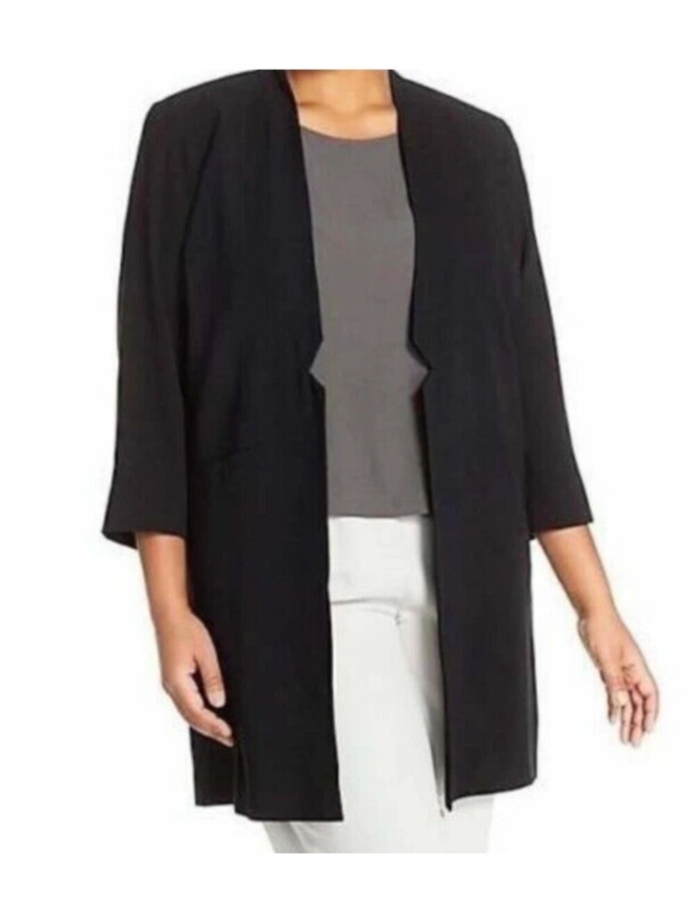 Eileen Fisher Silk Georgette Long Jacket Black Open Front Minimalist XL